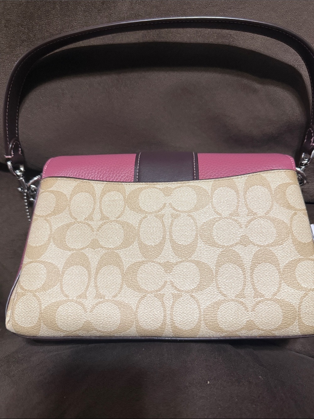 Coach Pink Leather Flap Signature Canvas Shoulder Bag with Brown Trim - Picture 3 of 6